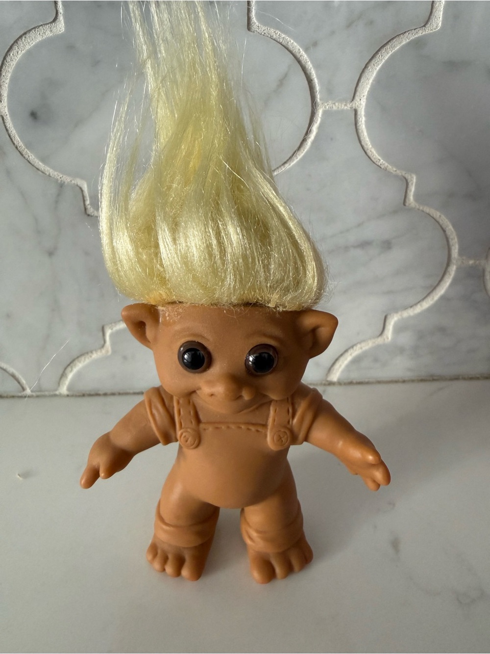Vintage 1992 MT Multi Toys Troll Doll Blonde Hair Molded Overalls 3"